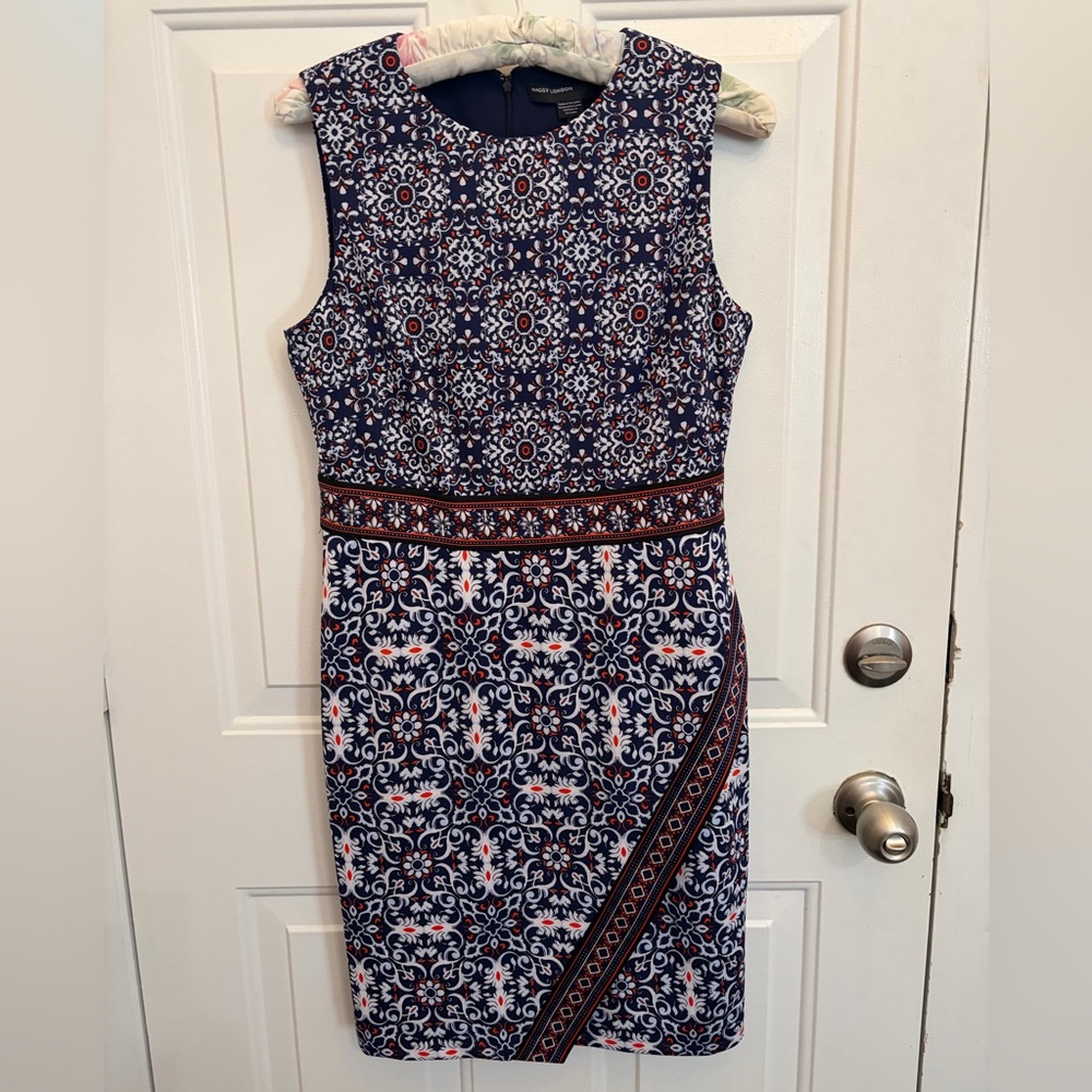 💙MAGGY LONDON | Medallion Print Faux Wrap Sheath Dress in Navy & Orange | Size 8